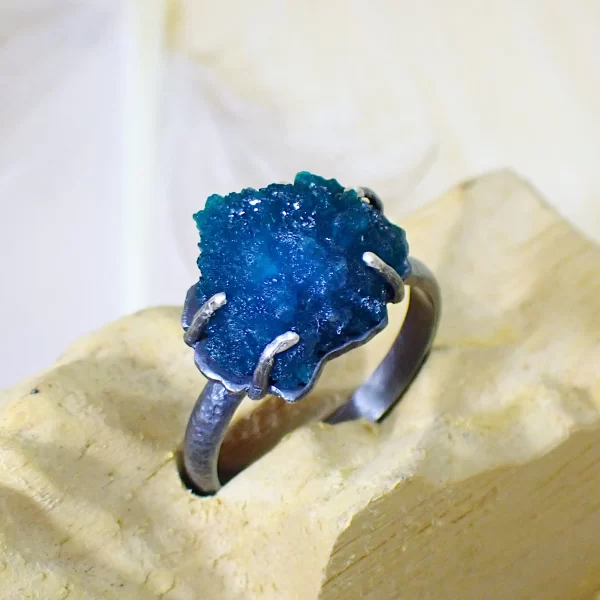 CavRing_4 Ring Oxidized Sterling SIlver Minimalist Natural Mineral Cavansite Unique Handmade