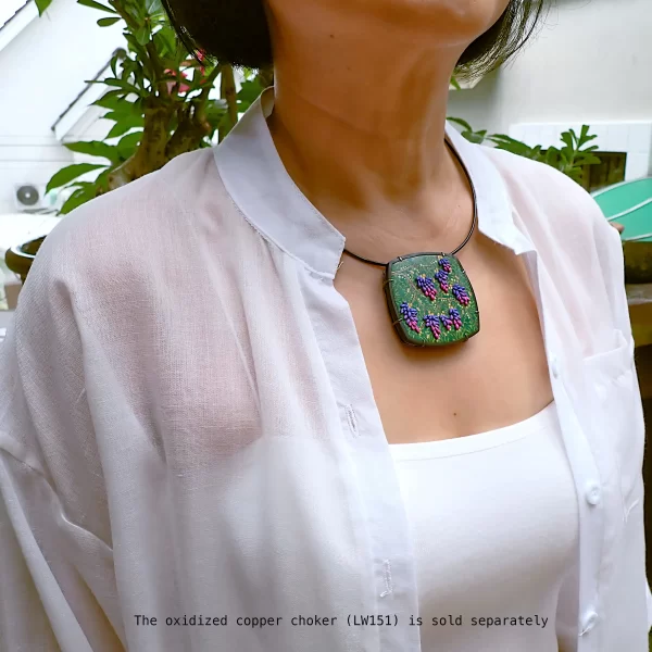 PlantsBatikToo_6 Statement pendant nature plants batik polymer clay oxidized sterling silver handmade