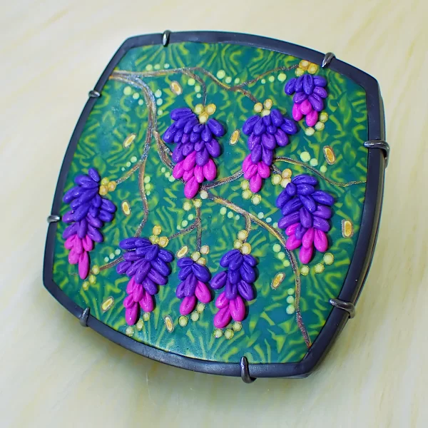 PlantsBatikToo_9 Statement pendant nature plants batik polymer clay oxidized sterling silver handmade