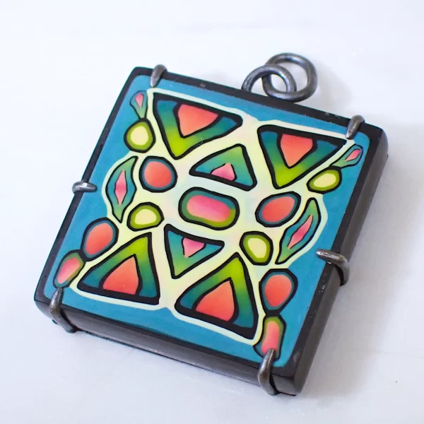 WackyGeoMid_2 Reversible pendant polymer clay organic geometry pattern oxidized sterling silver handmade