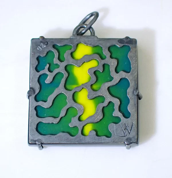 WackyGeoMid_3 Reversible pendant polymer clay organic geometry pattern oxidized sterling silver handmade