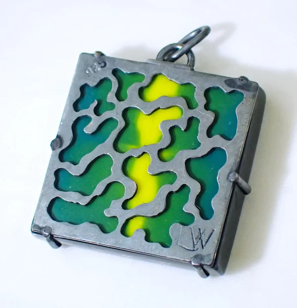 WackyGeoMid_4 Reversible pendant polymer clay organic geometry pattern oxidized sterling silver handmade