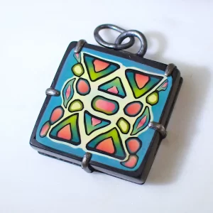 Reversible pendant polymer clay organic geometry pattern oxidized sterling silver handmade