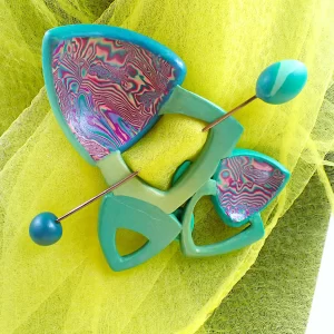 Whimsical bright fun brooch with pin peacock colors double sided oxidized copper polymer clay handmade