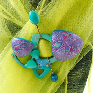 Whimsical bright fun brooch with pin peacock colors double sided oxidized copper polymer clay handmade
