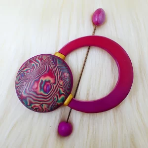 Whimsical bright fun brooch with pin phoenix colors double sided oxidized copper polymer clay handmade