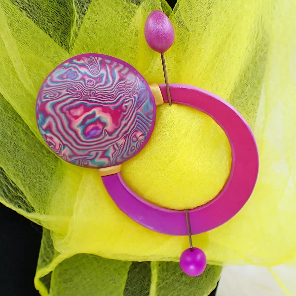 PhoenixColour1_g Whimsical bright fun brooch with pin phoenix colors double sided oxidized copper polymer clay handmade