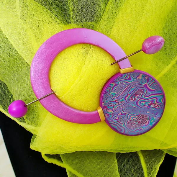 PhoenixColour1_h Whimsical bright fun brooch with pin phoenix colors double sided oxidized copper polymer clay handmade