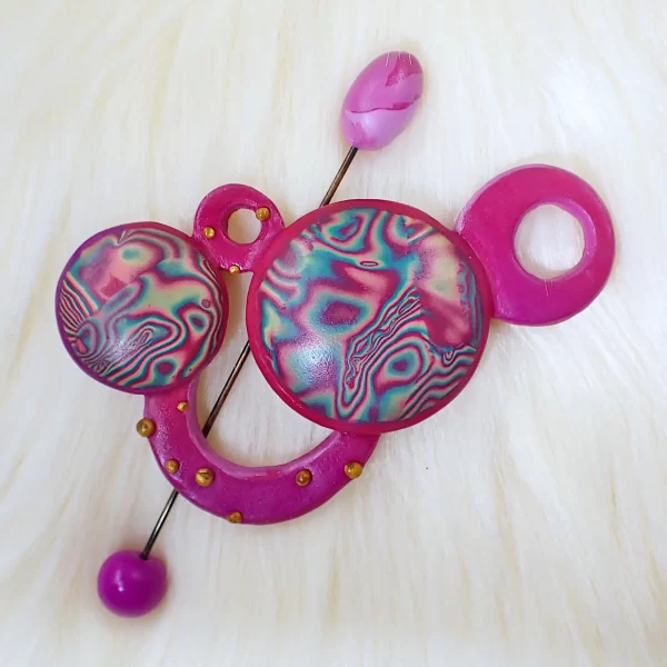 PhoenixColour2_c Whimsical bright fun brooch with pin phoenix colors double sided oxidized copper polymer clay handmade