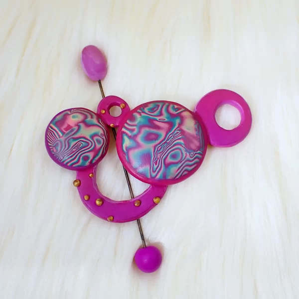 Whimsical bright fun brooch with pin phoenix colors double sided oxidized copper polymer clay handmade
