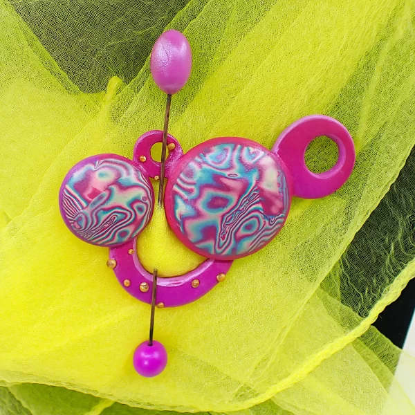 PhoenixColour2_g Whimsical bright fun brooch with pin phoenix colors double sided oxidized copper polymer clay handmade