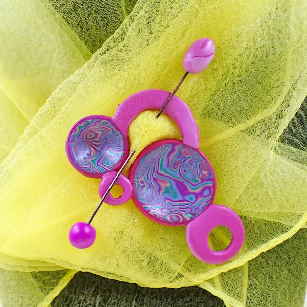 PhoenixColour2_h Whimsical bright fun brooch with pin phoenix colors double sided oxidized copper polymer clay handmade