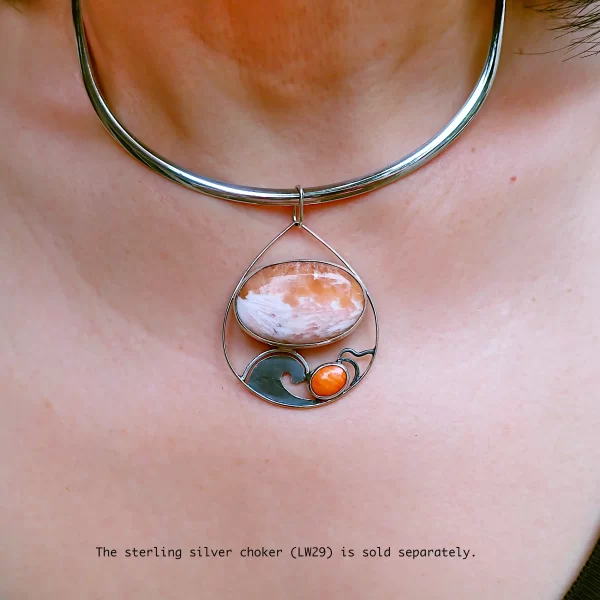Ocean_2 Pendant ocean scene waves natural stone Scolecite orange spiny oyster shell handmade sterling silver