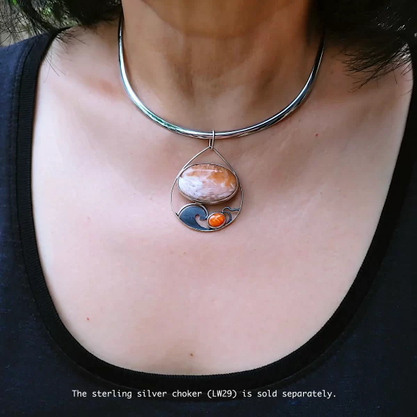 Ocean_3 Pendant ocean scene waves natural stone Scolecite orange spiny oyster shell handmade sterling silver