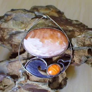 Pendant ocean scene waves natural stone Scolecite orange spiny oyster shell handmade sterling silver