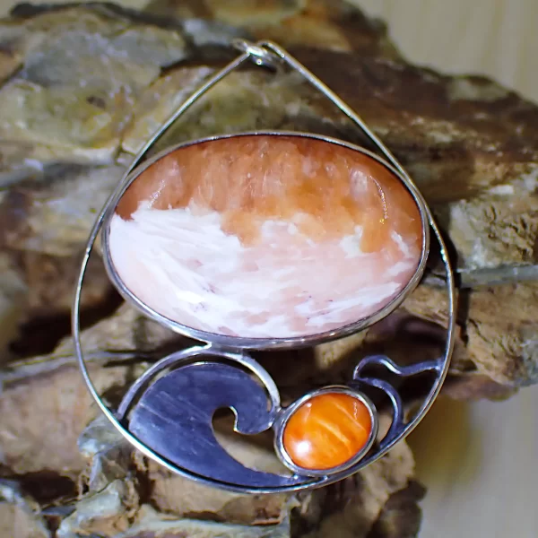 Ocean_5 Pendant ocean scene waves natural stone Scolecite orange spiny oyster shell handmade sterling silver