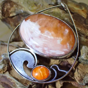 Pendant ocean scene waves natural stone Scolecite orange spiny oyster shell handmade sterling silver