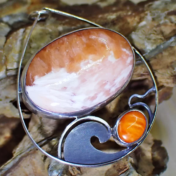 Ocean_7 Pendant ocean scene waves natural stone Scolecite orange spiny oyster shell handmade sterling silver