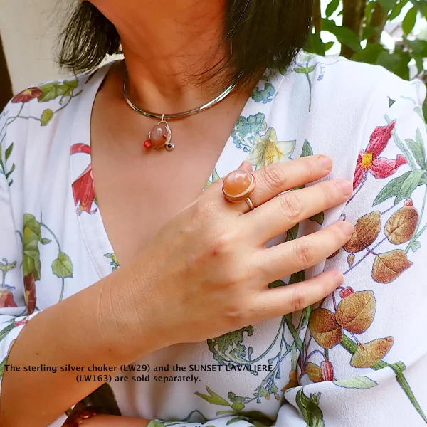 SunsetBand_1 Ring sterling silver peach moonstone dancing sheen polymer clay mix media uniquely handmade