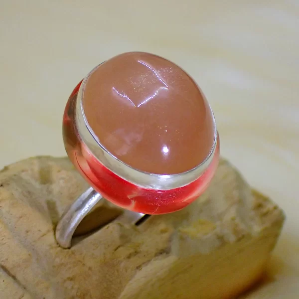 SunsetBand_10 Ring sterling silver peach moonstone dancing sheen polymer clay mix media uniquely handmade