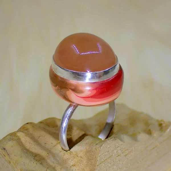 SunsetBand_4 Ring sterling silver peach moonstone dancing sheen polymer clay mix media uniquely handmade