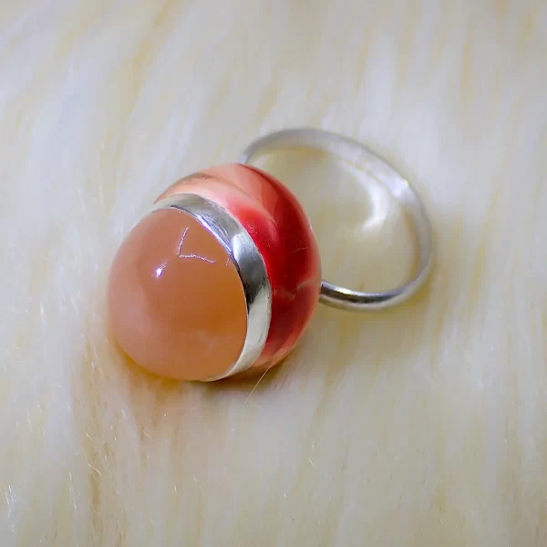 Ring sterling silver peach moonstone dancing sheen polymer clay mix media uniquely handmade