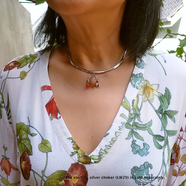 SunsetLavaliere_1 Pendant sterling silver peach moonstone dancing sheen little rhodolite garnet polymer clay mix media uniquely handmade