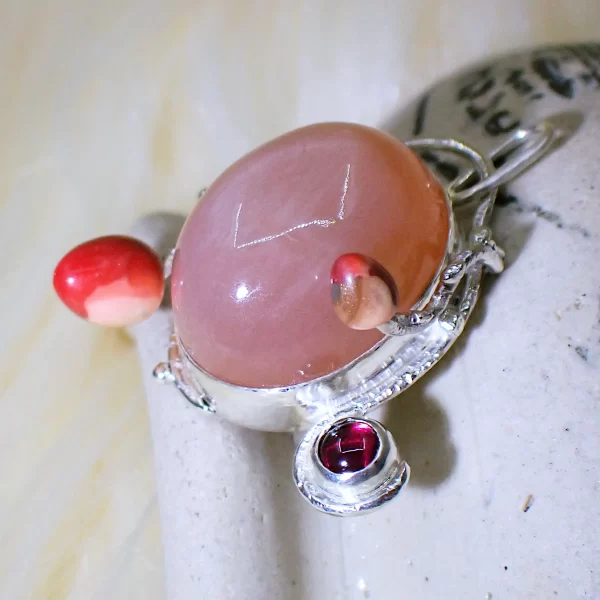 SunsetLavaliere_10 Pendant sterling silver peach moonstone dancing sheen little rhodolite garnet polymer clay mix media uniquely handmade