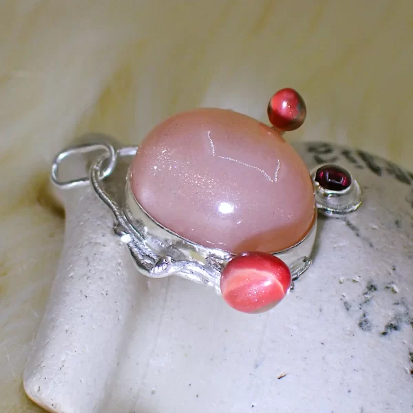 SunsetLavaliere_11 Pendant sterling silver peach moonstone dancing sheen little rhodolite garnet polymer clay mix media uniquely handmade