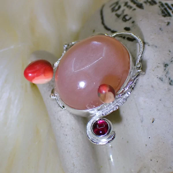 SunsetLavaliere_12 Pendant sterling silver peach moonstone dancing sheen little rhodolite garnet polymer clay mix media uniquely handmade