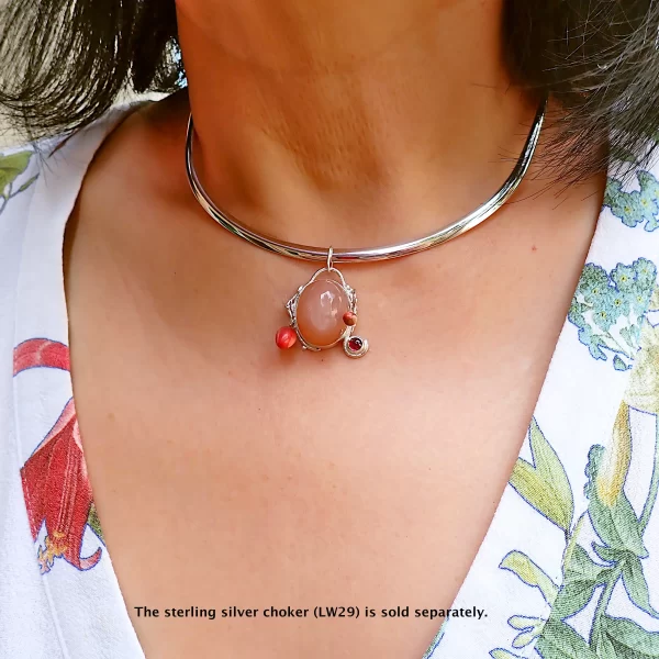 SunsetLavaliere_2 Pendant sterling silver peach moonstone dancing sheen little rhodolite garnet polymer clay mix media uniquely handmade