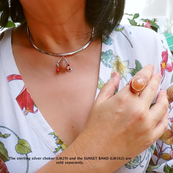 SunsetLavaliere_4 Pendant sterling silver peach moonstone dancing sheen little rhodolite garnet polymer clay mix media uniquely handmade