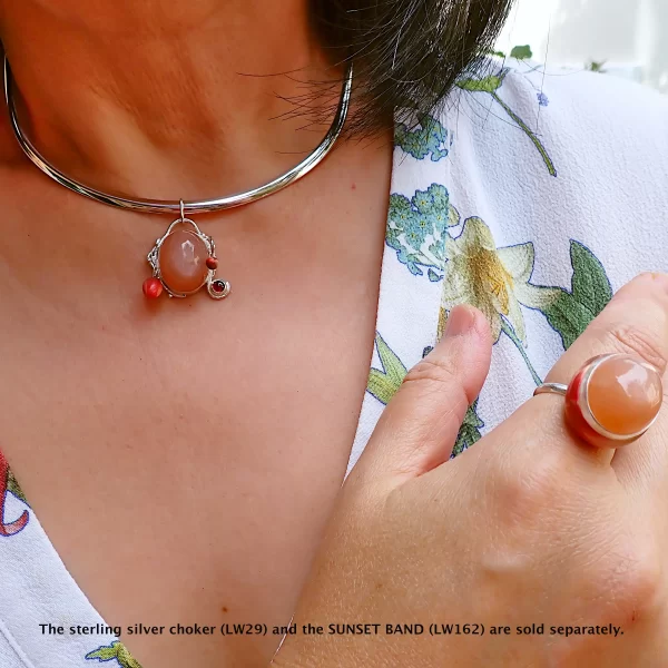 SunsetLavaliere_5 Pendant sterling silver peach moonstone dancing sheen little rhodolite garnet polymer clay mix media uniquely handmade