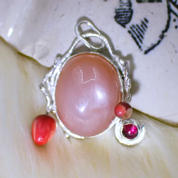 SunsetLavaliere_8 Pendant sterling silver peach moonstone dancing sheen little rhodolite garnet polymer clay mix media uniquely handmade