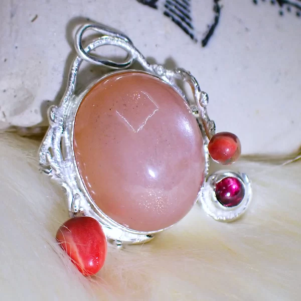SunsetLavaliere_9 Pendant sterling silver peach moonstone dancing sheen little rhodolite garnet polymer clay mix media uniquely handmade