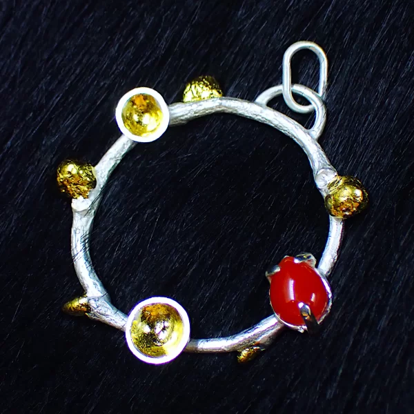 AkaO_11 Pendant sterling silver nature inspired twig branch Japanese red coral handmade