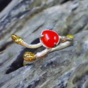 Ring sterling silver nature inspired twig branch Japanese red coral handmade