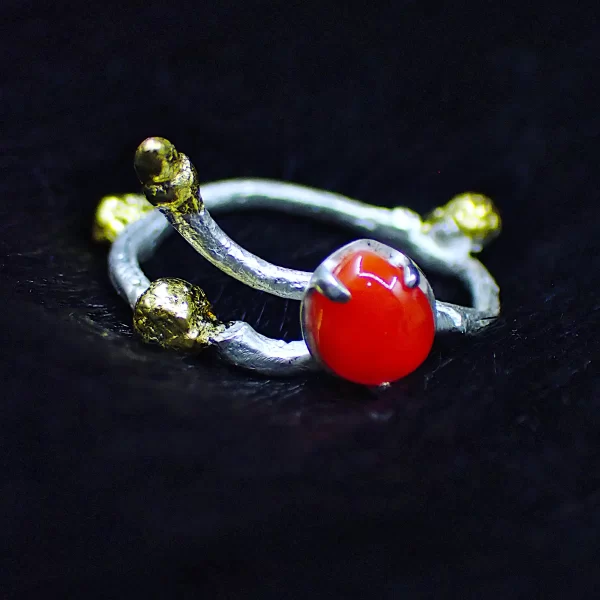 Ring sterling silver nature inspired twig branch Japanese red coral handmade