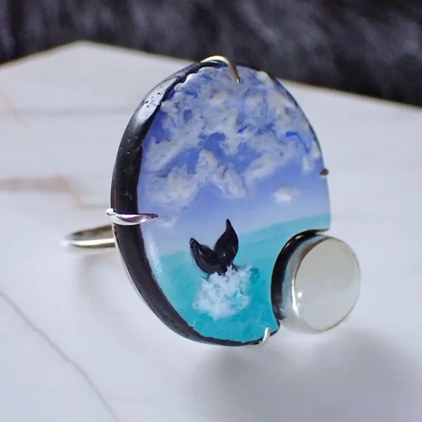 AtSea_10 Statement ring sterling silver mixed media polymer clay natural jadeite sea horizon handmade