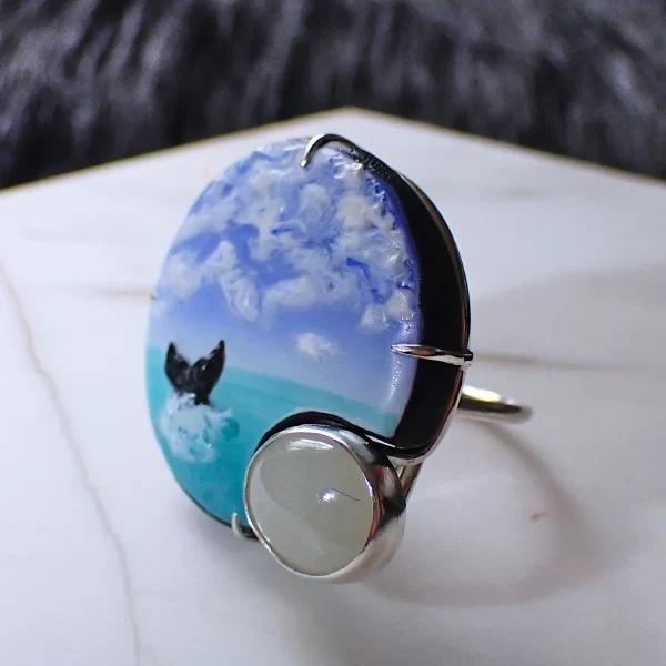 AtSea_9 Statement ring sterling silver mixed media polymer clay natural jadeite sea horizon handmade