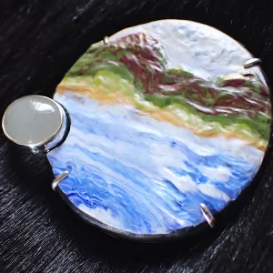 Pendant sterling silver mixed media polymer clay natural jadeite seaside landscape handmade