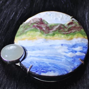 Pendant sterling silver mixed media polymer clay natural jadeite seaside landscape handmade