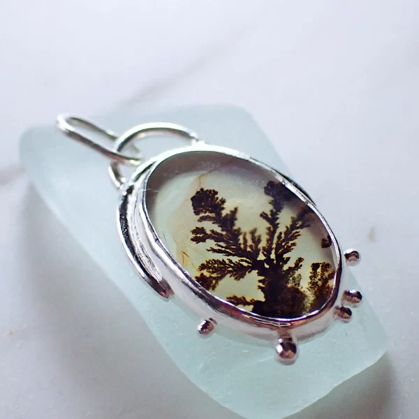 GE_10 Pendant minimalist sterling silver natural Dendritic Agate scenic plant on rock natural art handmade