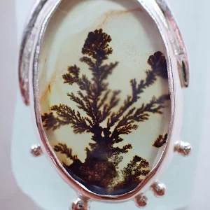 Pendant minimalist sterling silver natural Dendritic Agate scenic plant on rock natural art handmade