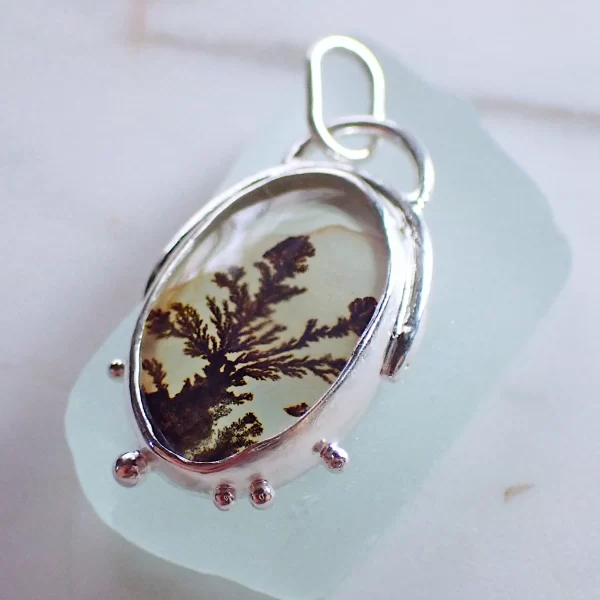 GE_9 Pendant minimalist sterling silver natural Dendritic Agate scenic plant on rock natural art handmade