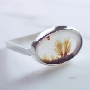 Ring minimalist sterling silver natural Dendritic Agate scenic garden natural art handmade