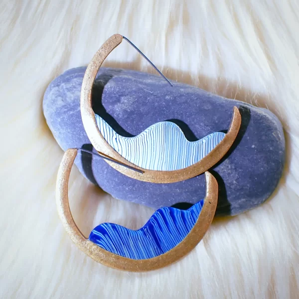 W_6 Earrings hoops contemporary design wave waterfall polymer clay uniquely handmade