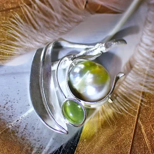 Pendant pearl peridot olive branch leaves fruit sterling silver nature inspired handmade
