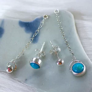 Earrings earstuds detachable drops sterling silver turquoise stone versatile handmade