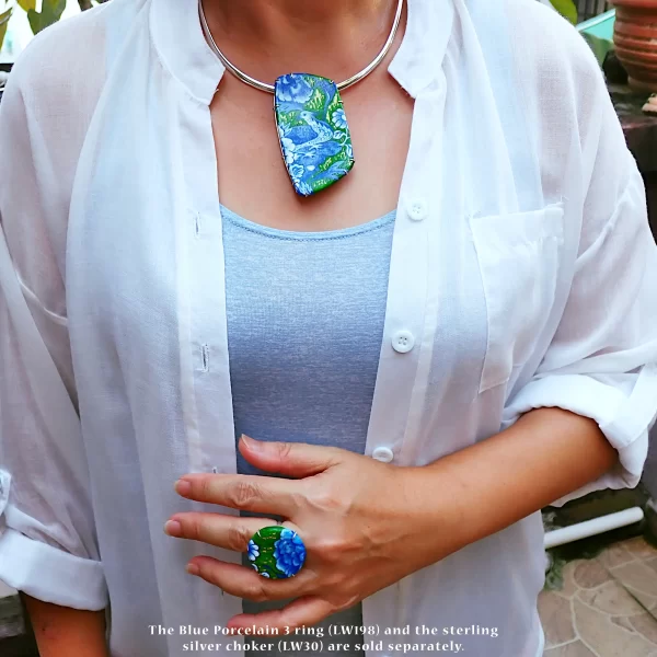 BluePorcelain2_2 Pendant polymer clay chinoiserie oil painted contemporary style uniquely handmade